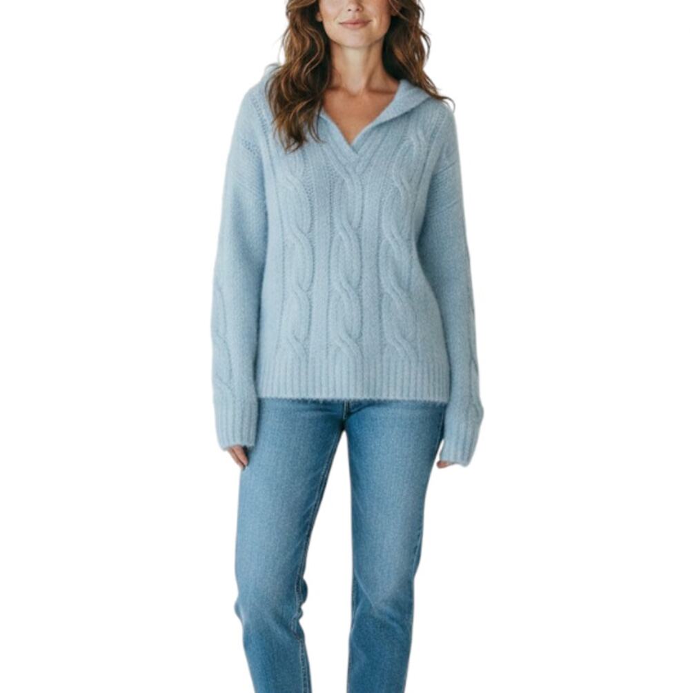 MONTEAU Wool Blend Cable Knit Sweater Sz L Blue Cozy Retro Preppy Fairy City Y2K